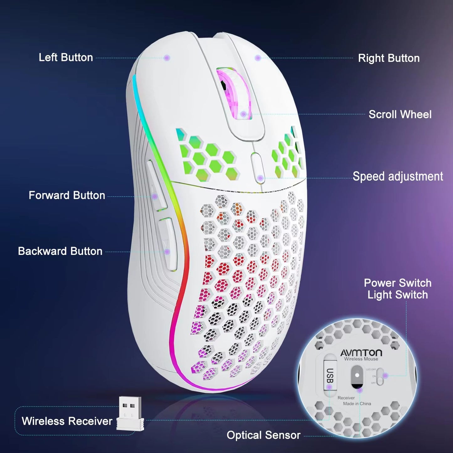 2.4G Wireless Mouse with RGB Backlit 6 - Button 3 - Speed DPI Type C Rechargeable Ergonomic Honeycomb Design Gaming Mouse - Ken's bargain outlet
