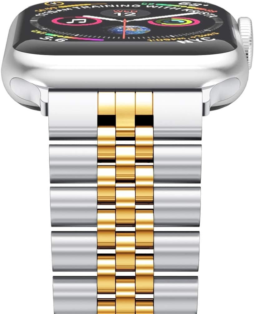 Compatible with Apple Watch Band 45Mm 44Mm 42Mm 41Mm 40Mm 38Mm, Stainless Steel Heavy Band with Butterfly Folding Clasp Link Bracelet for Iwatch Series7/6/Se Series 5/4/3/Men Women ,Silver/Gold, 41Mm/40Mm/38Mm - Ken's bargain outlet