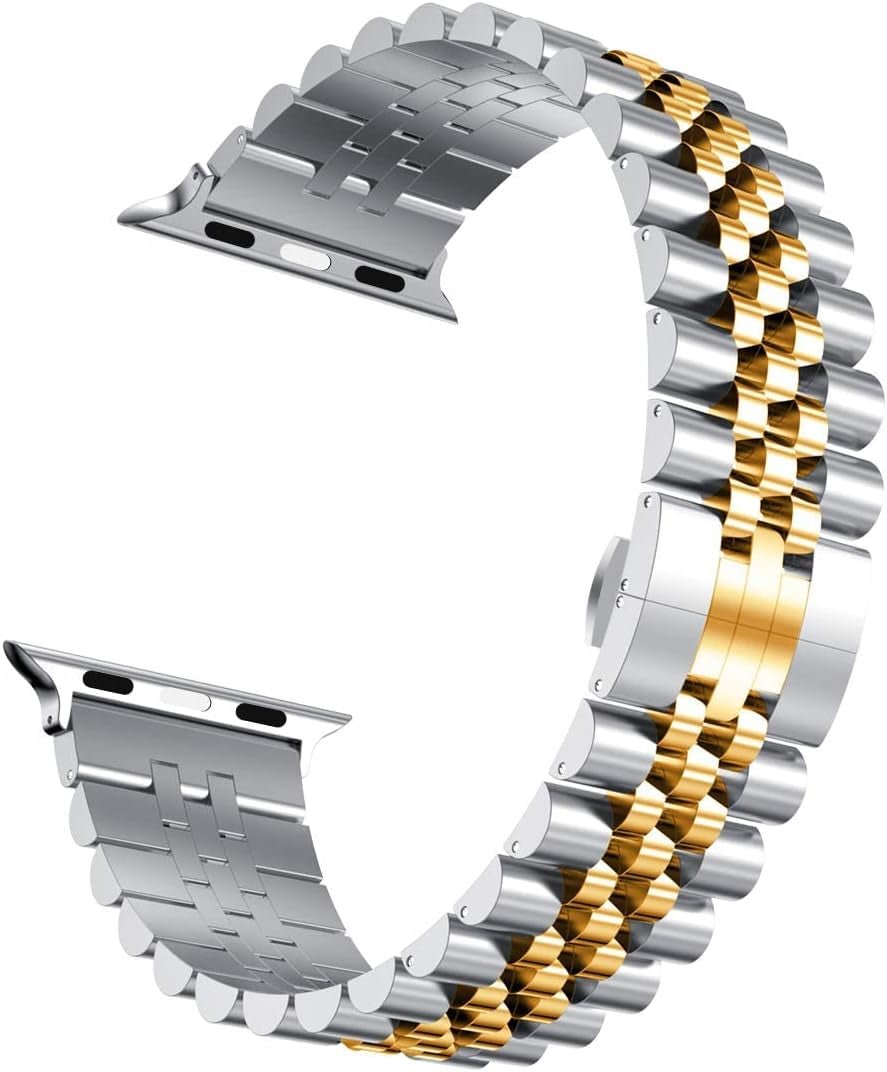 Compatible with Apple Watch Band 45Mm 44Mm 42Mm 41Mm 40Mm 38Mm, Stainless Steel Heavy Band with Butterfly Folding Clasp Link Bracelet for Iwatch Series7/6/Se Series 5/4/3/Men Women ,Silver/Gold, 41Mm/40Mm/38Mm - Ken's bargain outlet