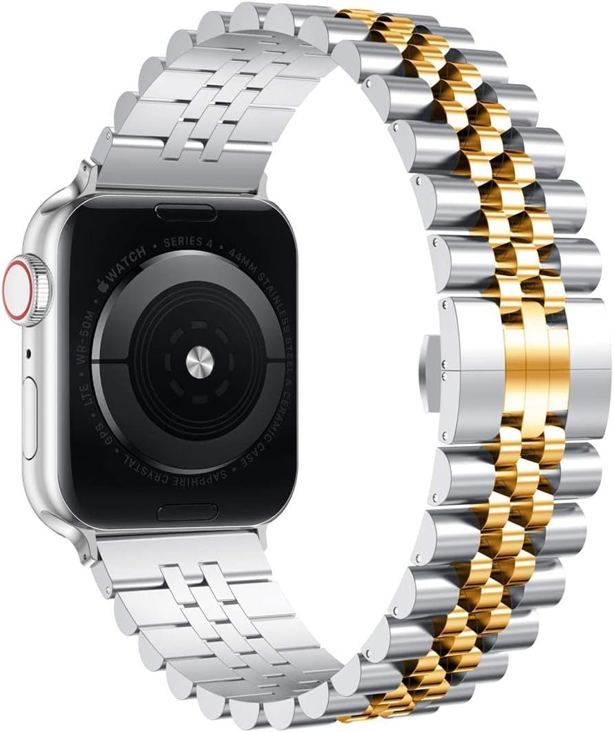 Compatible with Apple Watch Band 45Mm 44Mm 42Mm 41Mm 40Mm 38Mm, Stainless Steel Heavy Band with Butterfly Folding Clasp Link Bracelet for Iwatch Series7/6/Se Series 5/4/3/Men Women ,Silver/Gold, 41Mm/40Mm/38Mm - Ken's bargain outlet