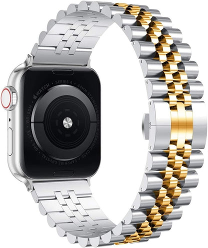 Compatible with Apple Watch Band 45Mm 44Mm 42Mm 41Mm 40Mm 38Mm, Stainless Steel Heavy Band with Butterfly Folding Clasp Link Bracelet for Iwatch Series7/6/Se Series 5/4/3/Men Women ,Silver/Gold, 41Mm/40Mm/38Mm - Ken's bargain outlet