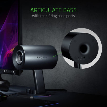 Razer Nommo Chroma: Custom Woven 3" Glass Fiber Drivers - Rear - Facing Bass Ports - Bass Knob W/Automatic Gain Control Chroma Enabled - Full Range 2.0 PC Gaming Speakers, Black - Ken's bargain outlet