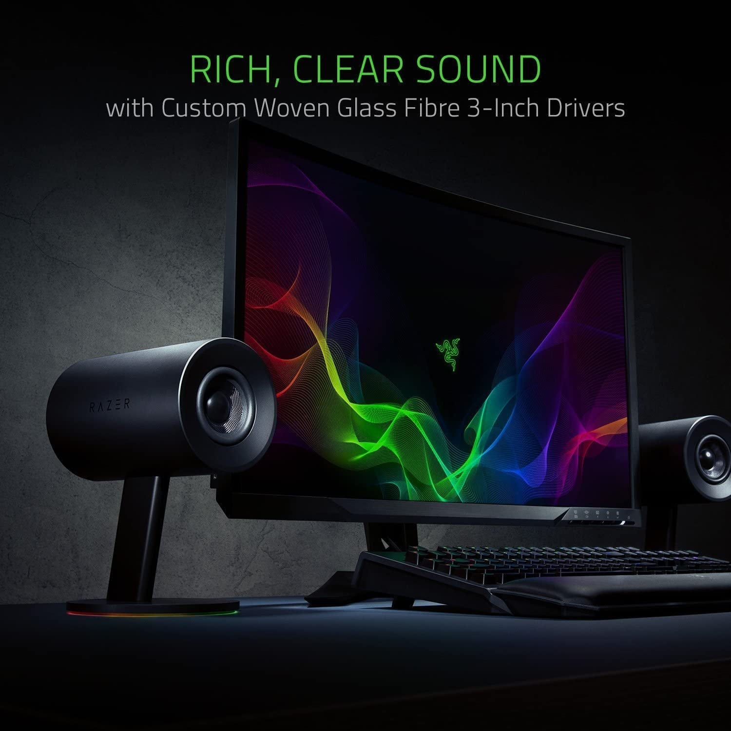 Razer Nommo Chroma: Custom Woven 3" Glass Fiber Drivers - Rear - Facing Bass Ports - Bass Knob W/Automatic Gain Control Chroma Enabled - Full Range 2.0 PC Gaming Speakers, Black - Ken's bargain outlet