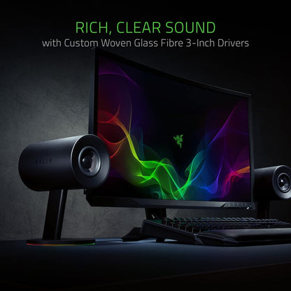 Razer Nommo Chroma: Custom Woven 3" Glass Fiber Drivers - Rear - Facing Bass Ports - Bass Knob W/Automatic Gain Control Chroma Enabled - Full Range 2.0 PC Gaming Speakers, Black - Ken's bargain outlet